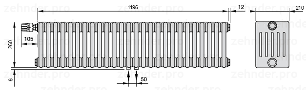 Схема (чертеж) Радиатор Zehnder Charleston 6026/26 №V007 Белый глянцевый RAL 9016